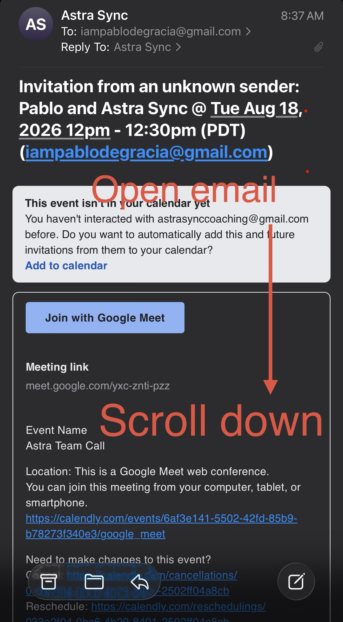 Email calendar invitation with instructions to open the email and scroll down